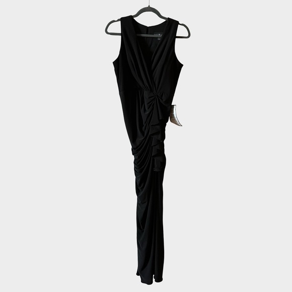 Betsy & Adam Black Ruched Ruffle Evening Column Maxi Gown 6P Old Hollywood Glam - Picture 2 of 16